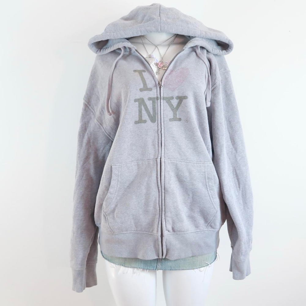 vintage grey i love ny zip up hoodie | y2k 2000s hoodie